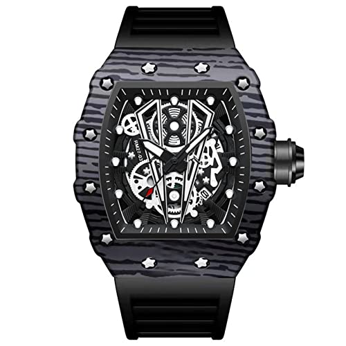 FORSINING Herren Mode Quarzuhr Skelett Rechteck Großes Zifferblatt Analog Herren Armbanduhr Uhr Casual Business Silikon Armband Militär Uhren, Schwarz (B), Gurt von FORSINING