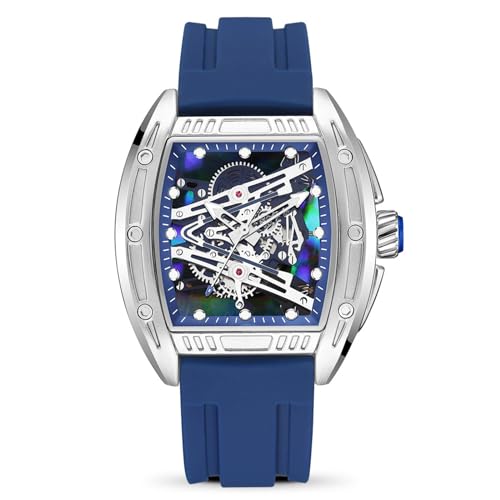 FORSINING Modische Quarzuhr für Herren, Skelett-Design, Tonneau-Zifferblatt, Quarz, analog, Silikon, 20 mm, lässige Uhren, blau, Armband von FORSINING
