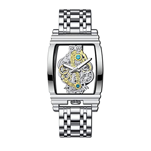 FORSINING Herren-Quarz-Armbanduhr mit Lederarmband, transparent, rechteckig, analog, wasserdicht, Luxus-Business-Herren-Armbanduhr, leuchtend, silber, Armband von FORSINING