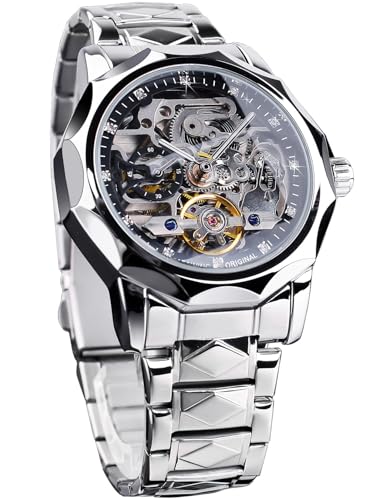 FORSINING Herren Skelett Automatik Mechanische Uhr mit Diamantschliff 12-seitige Lünette & Freiliegende Zahnräder & Tourbillon Design Einzigartige Rhombus-Link Edelstahl Armband Selbstaufzug FORSINING Herren Skelett Automatik Mechanische Uhr mit Diamantschliff 12-seitige Lünette & Freiliegende Zahnräder & Tourbillon Design Einzigartige Rhombus-Link Edelstahl Armband Selbstaufzug von FORSINING