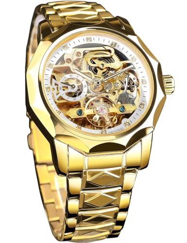 FORSINING Herren Skelett Automatik Mechanische Uhr mit Diamantschliff 12-seitige Lünette & Freiliegende Zahnräder & Tourbillon Design Einzigartige Rhombus-Link Edelstahl Armband Selbstaufzug von FORSINING