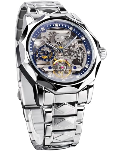 FORSINING Herren Skelett Automatik Mechanische Uhr mit Diamantschliff 12-seitige Lünette & Freiliegende Zahnräder & Tourbillon Design Einzigartige Rhombus-Link Edelstahl Armband Selbstaufzug von FORSINING