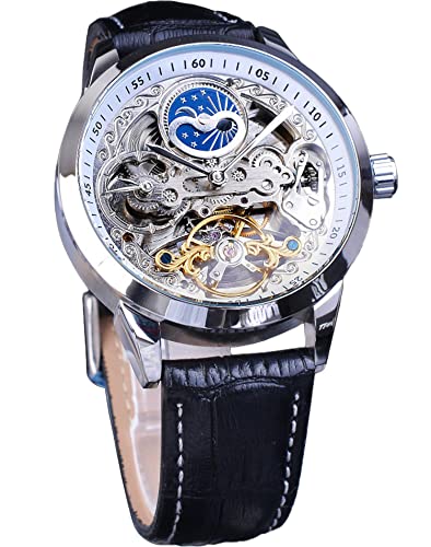 FORSINING Herren Skelett Mondphase Armbanduhr Mechanische Selbstaufzug Tourbillon Dual Time Zone Uhren Automatik Luxus Leder Armband Großes Zifferblatt Armbanduhr, Weiß von FORSINING