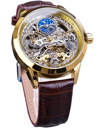 FORSINING Herren Skelett Mondphase Uhr Mechanische Selbstaufzug Tourbillon Dual Zeitzone Uhren Automatische Luxus Lederband Großes Zifferblatt Armbanduhr, Gold, Classic von FORSINING