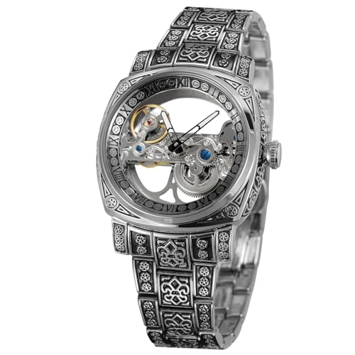 FORSINING Herren Skelettuhr Römische Zahlen Automatik Selbstaufzug Tourbillon Armbanduhr mit Edelstahlarmband, silber, Classic von FORSINING