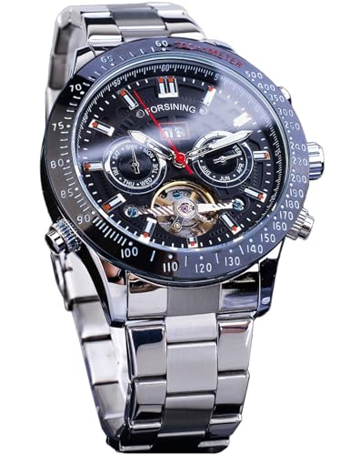 FORSINING Herren Tourbillon Mechanische Uhr mit Selbstaufzug, Tag Datum Monat Vollkalender, leuchtender Tachymeter, multifunktionale Automatikuhren, geschnitztes großes Zifferblatt Edelstahlband von FORSINING