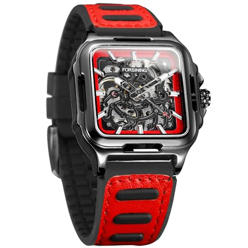 FORSINING Herren Wasserdicht Skelett Stilvolle Uhr Automatische Steampunk Selbstaufzug Silikonband Leuchtende Quadratische Armbanduhr, 4-rot, Modern FORSINING Herren Wasserdicht Skelett Stilvolle Uhr Automatische Steampunk Selbstaufzug Silikonband Leuchtende Quadratische Armbanduhr, 4-rot, Modern von FORSINING