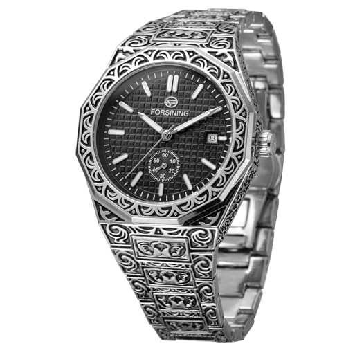 FORSINING Herrenmode Vintage Uhr Automatikuhr für Männer Wasserdicht Datum Minimalistische Mechanische Armbanduhr mit Edelstahlarmband, 2 x Silber und Schwarz, Retro von FORSINING