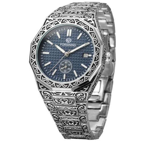 FORSINING Herrenmode Vintage Uhr Automatikuhr für Männer Wasserdicht Datum Minimalistische Mechanische Armbanduhr mit Edelstahlarmband, 4. Silber und Blau, Retro von FORSINING