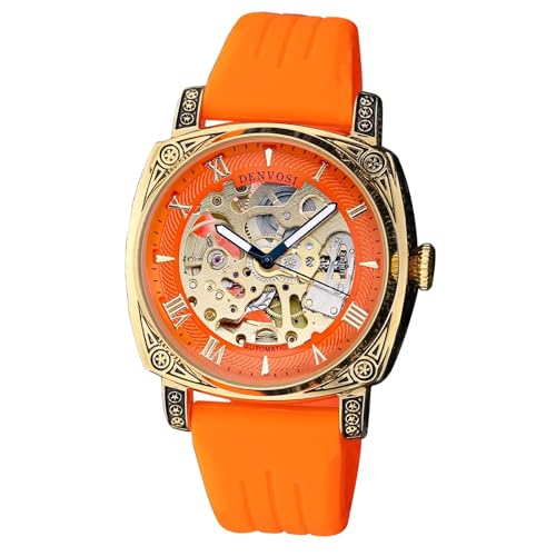 FORSINING Herrenuhr, Luxus Skelett Big Dial Transparent Square Mechancial Uhren Automatische Automatik Automatik Automatik Armbanduhr Luminous, Orange von FORSINING