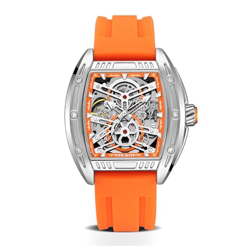 FORSINING Herrenuhr Automatik Selbstaufzug Mode Armbanduhr Silikonband Lässige Skelett Mechanische Uhr Tonneau Form Zifferblatt, Orange von FORSINING