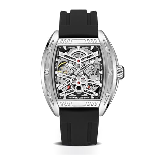 FORSINING Herrenuhr, automatisch, selbstaufziehend, modische Armbanduhr, Silikonband, lässig, Skelett, mechanische Uhr, Tonneau-förmiges Zifferblatt, Schwarz , Armband von FORSINING