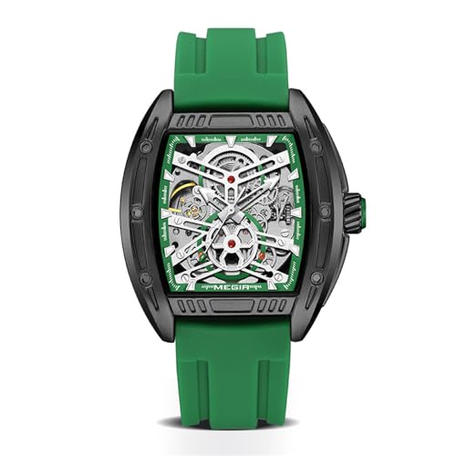 FORSINING Herrenuhr Automatik Selbstaufzug Mode Armbanduhr Silikonband Lässige Skelett Mechanische Uhr Tonneau Form Zifferblatt, grün von FORSINING