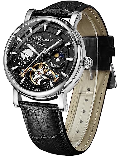 FORSINING Herrenuhr Leuchtender Sternenhimmel mit Mondphase Tourbillon, Mechanische Automatik Selbstaufzug Mode Uhren, Edelstahlgehäuse Ledergürtel Armbanduhr, silber, schwarz von FORSINING