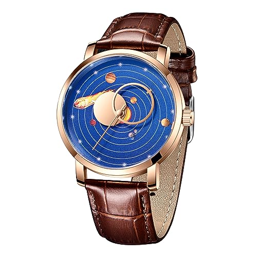 FORSINING Herrenuhr Mode Analog Quarz Leder Armbanduhr Solarsystem Dial Design Wasserdicht Casual Business Dress Herren Uhren, Blau Gold, Armband von FORSINING