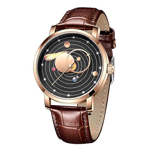 FORSINING Herrenuhr Mode Analog Quarz Leder Armbanduhr Sonnensystem Zifferblatt Design Wasserdicht Casual Business Kleid Herren Uhren, Goldfarben/Schwarz von FORSINING