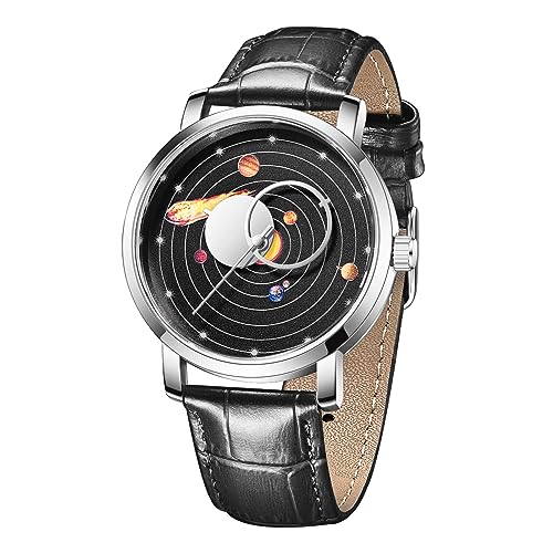 FORSINING Herrenuhr Mode Analog Quarz Leder Armbanduhr Sonnensystem Zifferblatt Design Wasserdicht Casual Business Kleid Herren Uhren, Silber Schwarz, Gurt von FORSINING
