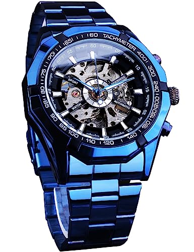 FORSINING Herren-Armbanduhr, selbstaufziehend, Skelett, ausgehöhlt, mechanisch, automatisch, luxuriös, blaues schwarzes Edelstahlband, wasserdichte Armbanduhr, Blau / Schwarz, Modern von FORSINING