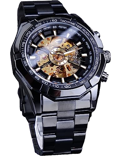 FORSINING Herrenuhr Selbstaufzug Skelett aushöhlen mechanische automatische Luxus-Uhren, blau schwarz Edelstahlband wasserdichte Armbanduhr, Schwarz Gold, Mechanisch von FORSINING