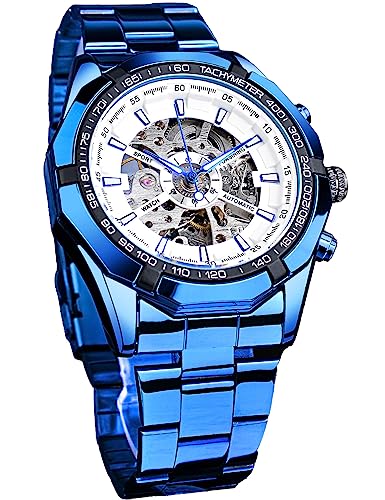 FORSINING Herren-Armbanduhr, selbstaufziehend, Skelett, ausgehöhlt, mechanisch, automatisch, luxuriös, blaues schwarzes Edelstahlband, wasserdichte Armbanduhr, blau / weiß, Mechanisch von FORSINING