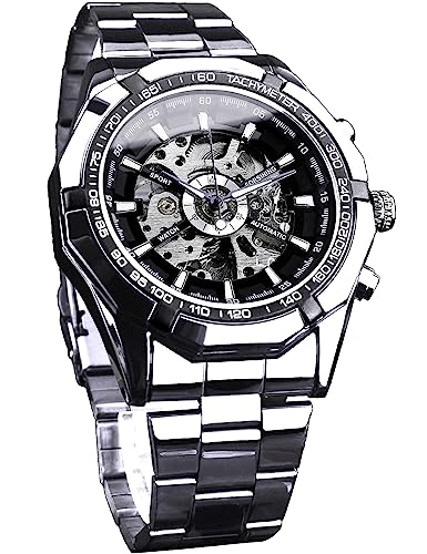 FORSINING Herren-Armbanduhr, selbstaufziehend, Skelett, ausgehöhlt, mechanisch, automatisch, luxuriös, blaues schwarzes Edelstahlband, wasserdichte Armbanduhr, silber, schwarz, Modern, 2307061 von FORSINING