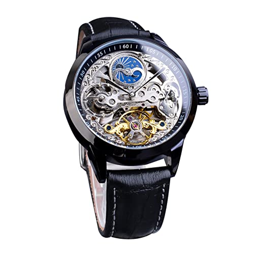 FORSINING Herrenuhr Tourbillon Mondphase Automatische Armbanduhr Herren Leder Mode Business Skelett Luxus Uhren Handaufzug, Schwarz von FORSINING