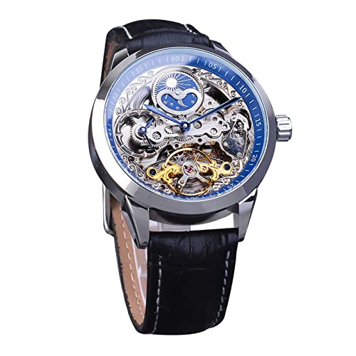 FORSINING Herrenuhr Tourbillon Mondphase Automatische Herren Leder Armbanduhr Mode Business Skelett Luxus Handaufzug Uhren, silber / schwarz, Klassisch von FORSINING
