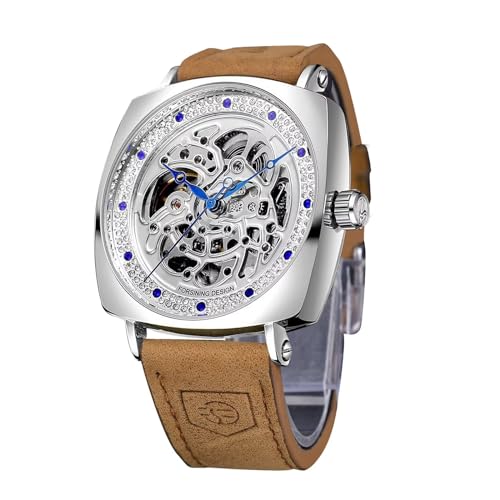 Herrenuhren, Rechteck Transparent Skelett Zifferblatt Automatische Uhren Leder Mechanische Handaufzug Armbanduhr Business Luxus Uhr, Silber von FORSINING