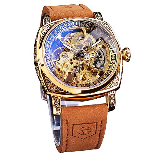 FORSINING Herrenuhren, modisch, klassisch, Skelett, quadratisch, transparentes Zifferblatt, automatische mechanische Armbanduhr, Leder, leuchtend, wasserdicht, Golden 1, Gurt von FORSINING