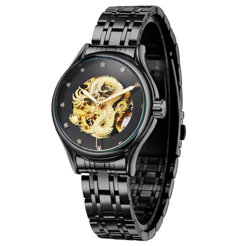 FORSINING Lady Watches Dragon Craft Automatikuhr Damen Edelstahl Skelett Wasserdicht Armbanduhr, Schwarz , Armband von FORSINING