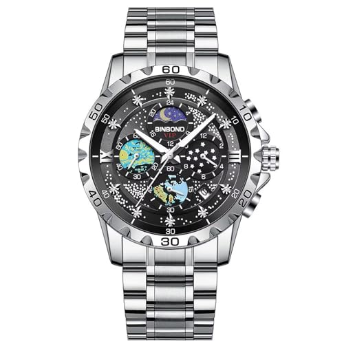 FORSINING Männer Armbanduhr Analoge Quarz Mode Herrenuhr Starry Sky Design Leuchtendes Zifferblatt Moon Phase Business Uhren Wasserdicht, Schwarz von FORSINING