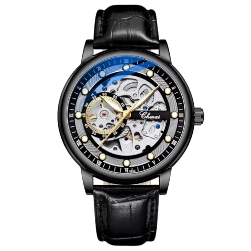 Männer Automatikuhr Mechanische Handaufzug Leder Armbanduhr Mode Business Luxus Skelett Zifferblatt Leuchtend Wasserdicht,Schwarz von FORSINING
