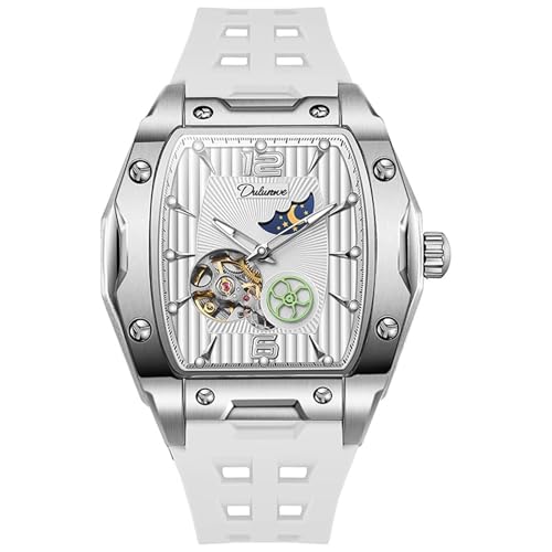 FORSINING Männer Automatikuhr Silikonarmband Casual Skelett Dial Moon Phase Tourbillon Mechanische Armbanduhr für Herren Mode Geschäft, Weiß von FORSINING