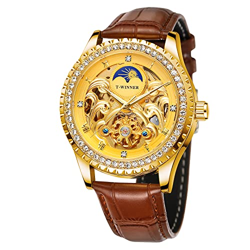 FORSINING Männer Automatische Selbstaufzug Uhr Leder Mechanische Armbanduhr Luxus Retro Skelett Große Zifferblatt Mondphase Wasserdicht Leuchtend Business Kleid, Goldbraun von FORSINING