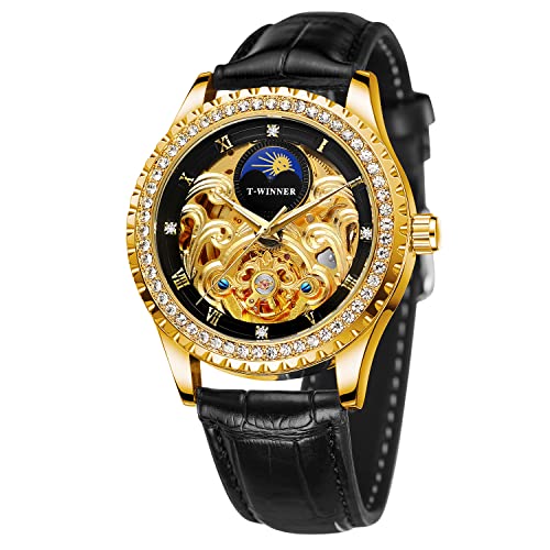 FORSINING Männer Automatische Selbstaufzug Uhr Leder Mechanische Armbanduhr Luxus Retro Skelett Große Zifferblatt Mondphase Wasserdicht Leuchtend Business Kleid, Goldfarben / Schwarz von FORSINING