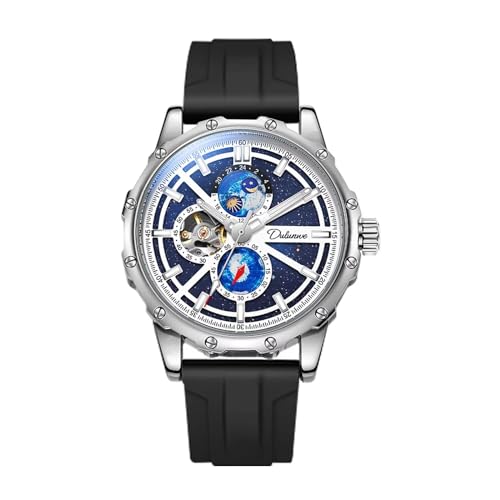 Männer Automatische Uhr Silikonarmband Starry Sky Luminous Big Dial Mechanische Armbanduhr Fashion Business wasserdichte Mondphase, Schwarz von FORSINING