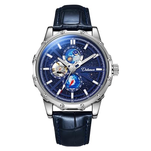 FORSINING Männer Mechanische Uhr Moon Phase Skelett Automatische Armbanduhr Lederarmband Leuchtende Sternenhimmel Big Dial Casual Uhren, Blau von FORSINING