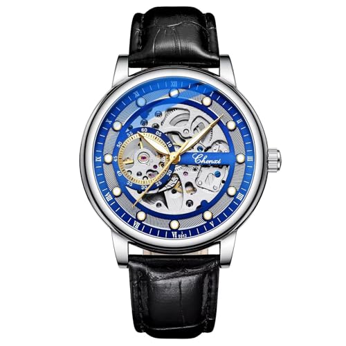 Männer Mechanische Uhr Skelett Luxus Big Dial Mode Business Automatische Armbanduhr Leder Armband Handaufzug Herrenuhren, Blau von FORSINING