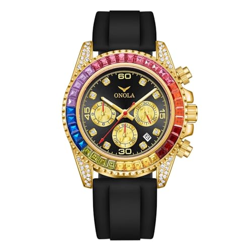 FORSINING Männer Quarz Analoguhr,Luxus Diamant Big Dial Sport Casual Chronograph Herren Uhren Silikon Armband Business Armbanduhr, Schwarz von FORSINING