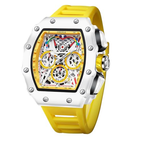 Männer Quarzuhr, Casual Sport Armbanduhr für Herren Analoge Datumsanzeige Militäruhren Rechteck Big Dial Mode Geschäft, Gelb von FORSINING