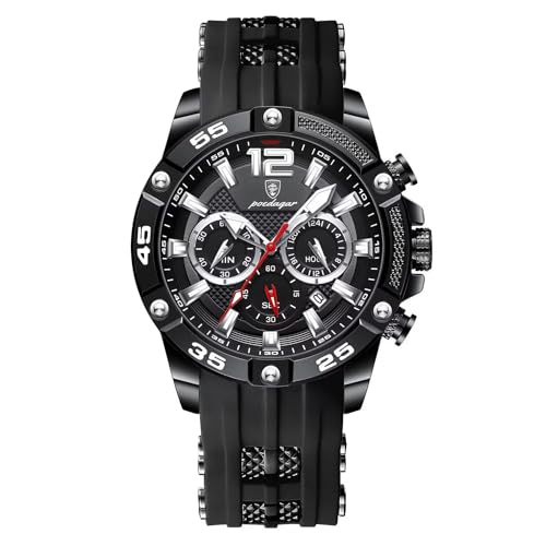 FORSINING Männer Uhr,Militär Quarz Analoge Armbanduhr Casual Silikon Band Kalender Datumsanzeige Sport Chronograph Wasserdicht Leuchtend, Schwarz von FORSINING
