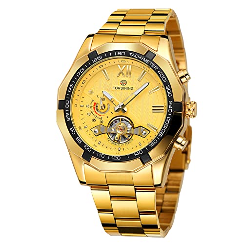 FORSINING Mechanische Herren-Armbanduhr aus Edelstahl Tachymeter luxuriös Polygonal selbstaufziehend römische Ziffern (Gold) von FORSINING