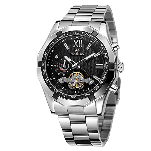 FORSINING Mechanische Herren-Armbanduhr aus Edelstahl Tachymeter luxuriös Polygonal selbstaufziehend römische Ziffern (schwarz und Silber) von FORSINING