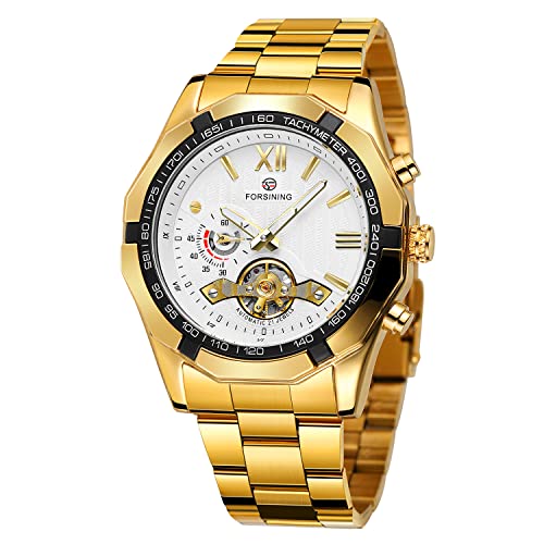 FORSINING Mechanische Herren-Armbanduhr aus Edelstahl Tachymeter luxuriös Polygonal selbstaufziehend römische Ziffern (weiß und Gold) von FORSINING