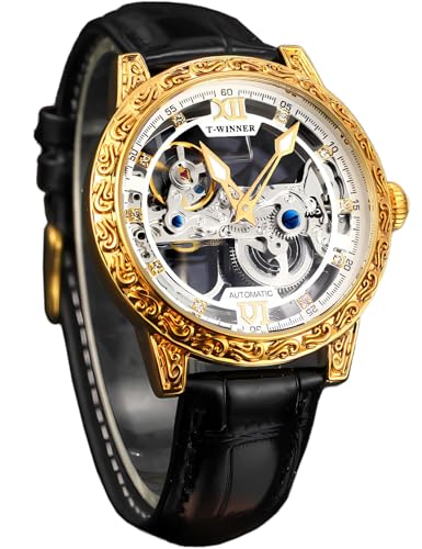 FORSINING Mechanische Herren-Armbanduhr mit Automatikuhr, wunderschöne geschnitzte Totem-Lünette, luxuriöses doppelseitiges Skelett-Tagesblatt mit Diamantskala, Automatikuhren, großes Zifferblatt, von FORSINING