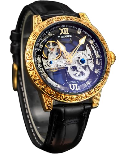 FORSINING Mechanische Herren-Armbanduhr mit Automatikuhr, wunderschöne geschnitzte Totem-Lünette, luxuriöses doppelseitiges Skelett-Tagesblatt mit Diamantskala, Automatikuhren, großes Zifferblatt, von FORSINING