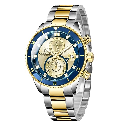 FORSINING Mode Chronograph Herren Uhren Edelstahl Band Quarz Herren Armbanduhr Casual Business Wasserdicht Big Dial Analog Display, Goldfarben/Blau, Armband von FORSINING