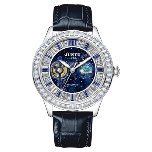 Mode Männer Uhr Echtes Leder Armband Automatische Mechanische Armbanduhr für Herren wasserdichte Business Starry Sky Diamond Big Dial Luminous,Blau von FORSINING