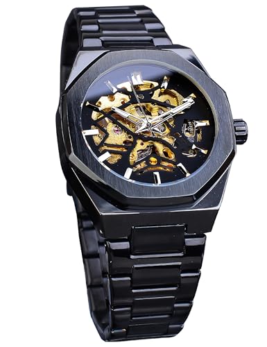 FORSINING Octagonal Men's Automatic Black Stainless Steel Wrist Watches Limited Luxury Carved Dial Mechanical Skeleton Watch for Men von FORSINING