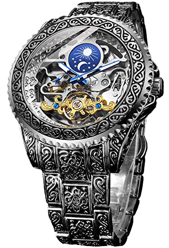 FORSINING Retro Uhr für Männer geschnitzt Selbstaufzug Mechanische Tattoo Tourbillon Mond Phase Unabhängige Sekunden Skelett Automatische Big Dial Armbanduhren, silber, Gurt von FORSINING